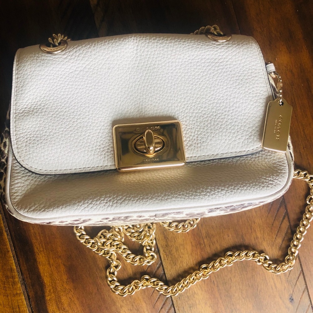 Coach crossbody purse white/snake print gold chain